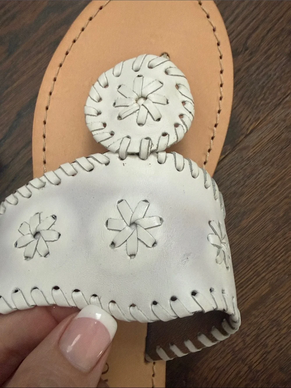 Jack Rogers Girls White Leather Slide Sandals with Floral Medallions